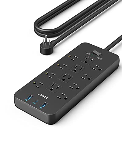 Anker Power Strip Surge Protector (2100J), 12 Outlets with 2 USB A and 1 USB C Port for Multiple Devices, 5ft Extension Cord, 20W Power Delivery Charging for Home, Office, Dorm Essential, TUV Listed - Black