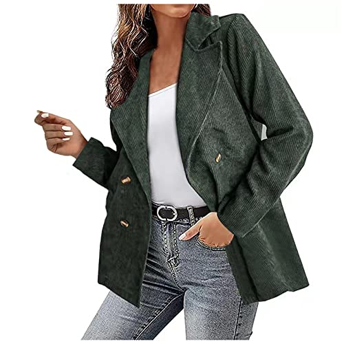 HGps8w Womens Double Breasted Corduroy Blazer Long Sleeve Vintage Business Casual Office Work Jacket with Pockets - Small - 01 Army Green