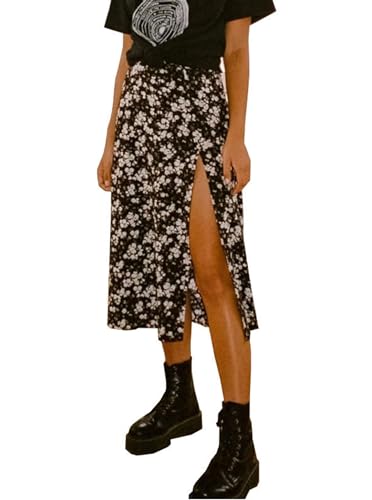 Avanova Women Floral Sexy Slit Slip Midi Skirts Boho High Waisted Summer Skirts - Small - Floral Black