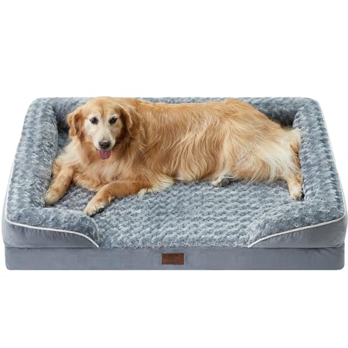 WNPETHOME Dog Beds for Large Dogs, Washable Dog Bed, Bolster Dog Sofa Bed with Waterproof Lining & Non-Skid Bottom, Orthopedic Egg Foam Dog Couch for Pet Sleeping, Pet Bed for Large Dogs - 36.0"L x 27.0"W x 6.5"Th - Grey