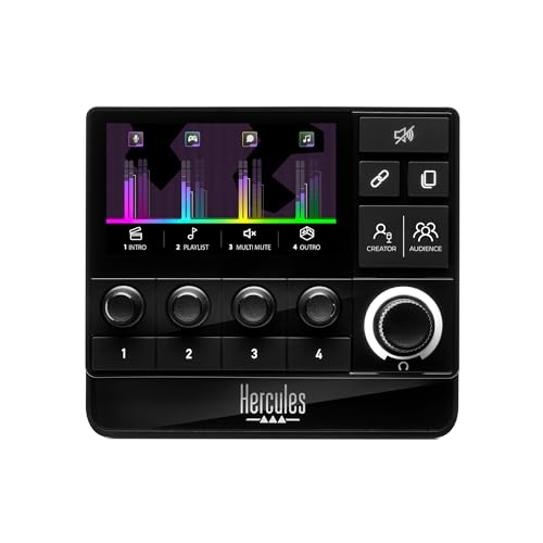 Hercules Stream 200 XLR, Pro audio controller to master your audience and create mixes live on screen, with mic pre-amp, LCD screen, high resolution encoders, 4 action buttons - Stream 200 XLR