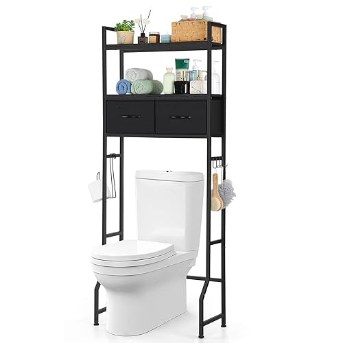 YBING Over The Toilet Storage Cabinet, Over Toilet Bathroom Organizer Freestanding, Above Toilet Storage Stand with Cabinet, Over Toilet Storage Shelf with Drawer, Wooden, Black - Black