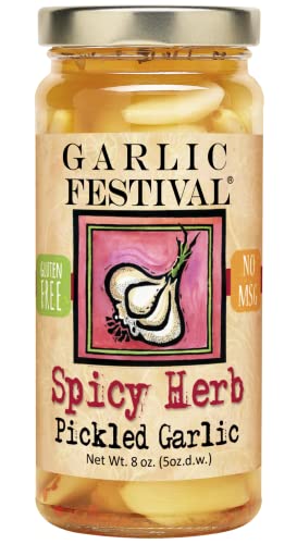 Garlic Festival Foods Spicy Herb Pickled Garlic Cloves in a Jar - Spicy Herb Pickled Garlic - Fresh Garlic Cloves for Cooking - Freshly Made - Subtly Infused, Pre-Prepared Garlic - Net Wt. 8 oz.