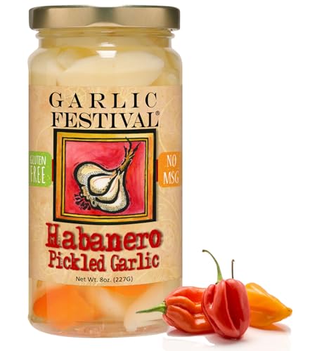 Garlic Festival Foods Habanero Pickled Garlic Cloves in a Jar - Habanero Pickled Garlic - Fresh Garlic Cloves for Cooking - Freshly Made - Subtly Infused, Pre-Prepared Garlic - Net Wt. 8 oz. - Habanero - 8 Ounce (Pack of 1)