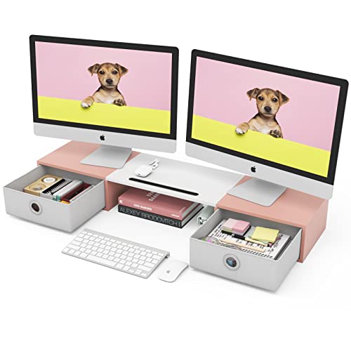 WESTREE Dual Monitor Stand Riser with Two Drawers, Extra Large Storage for 2 Monitors, Desktop Oraganizer Computer,Laptop,Screen,Printer,TV - Pink