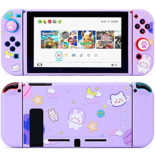 Tscope Dockable Protective Case for Nintendo Switch, Cute Soft TPU Slim Shell Cover for NS Console and Joy-Con Controllers, with Tempered Glass Screen and 2 Thumb Grips Caps (Space Bunny Purple) - Space Bunny Purple