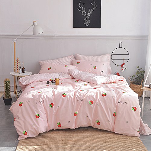 AOJIM 100% Cotton Bedding Bedroom 3 pcs Sets with 2 Envelope Pillowcase, Soft Duvet Cover for Kids/Teens/Adults Hidden Zipper Quilt Cover Printed Strawberry Full/Queen - Kawaii Strawberry 🍓 - Queen