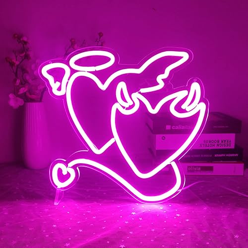 Angel Devil Neon Signs Pink Heart Led Sign for Bedroom 14''x13’’ Acrylic Love Neon Sign Wedding Neon Light Sign for Wall Dcor Bar Living Room Valentine's Day Girl Gift Christmas Party - D-Angel Demon