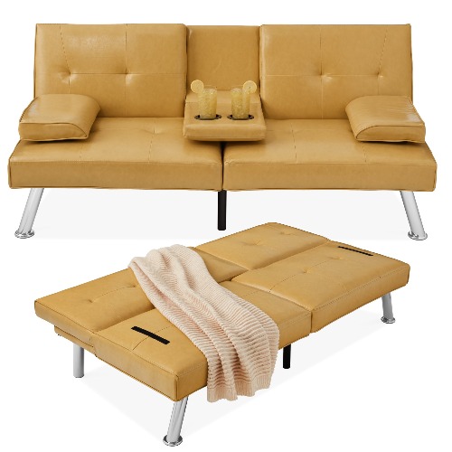 Faux Leather Upholstered Convertible Sofa Bed Futon w/ 2 Cupholders | Camel Yellow