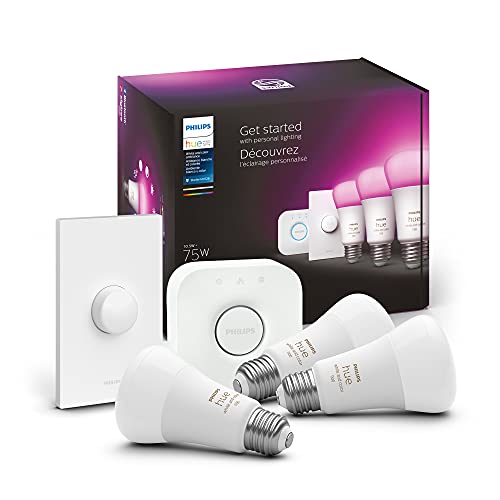 Philips Hue Smart Light Starter Kit - Includes (1) Bridge, (1) Smart Button and (3) Smart 75W A19 LED Bulb, White and Color Ambiance, 1100LM, E26 - Control with Hue App or Voice Assistant - 3 Bulbs - White and Color Ambiance
