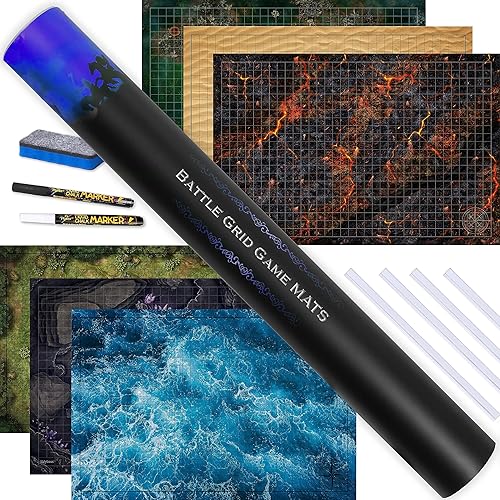 TIDYBOSS Dungeons and Dragons Expansion Pack | 3 X Double Sides 24x 36 Game Grid Mat | 6 Terrains with Lava, Sea, Forest, Cave, Swamp and Desert | Includes 2 x Dry Erase Markers, Eraser and Clips - 3-pack Expansion