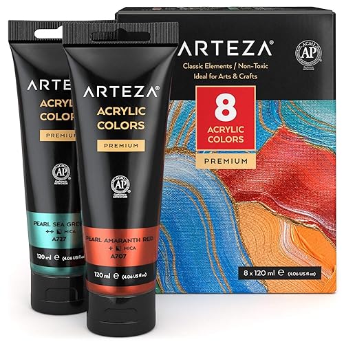Arteza Metallic Acrylic Paint, Set of 8 Classic Elements Colors 4.06oz Tubes, Rich Pigments, Non Fading, Non Toxic Paints for Artists & Hobby Painters, Art Supplies for Canvas Painting & Crafts - 8 x 120ml (4.06 fl oz) Classic Elements