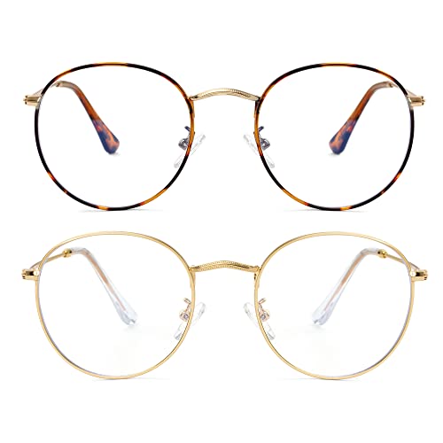 Onrtry Circle Blue Light Glasses for Women Men Round Metal Frame Computer Gaming Eyeglasses 2 Pack - A1 Tortoise+gold - 50 Millimeters