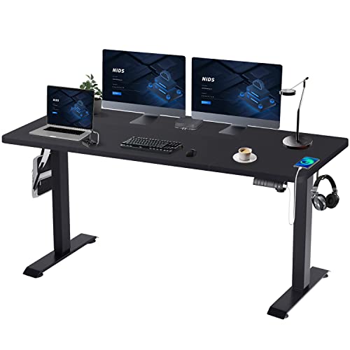 Devoko Electric Standing Desk 160x80 with USB Charging Height Adjustable Standing Desk with Desktop 2.5cm Sit Stand Desk Stand Up Desk Heavy Duty Steel 4Memory Smart Pannel(Frame+Black Desktop) - 160 x 80cm Splice board - Black Frame+black Desktop