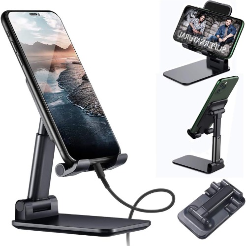 NOZEWOWA Cell Phone Stand, Foldable Angle Height Adjustable Cell Phone Holder for Desk, Portable iPad iPhone Stand Compatible with iPhone 13 Mini/13 Pro Max/12/12 Pro/Smartphones/Kindle (Black)