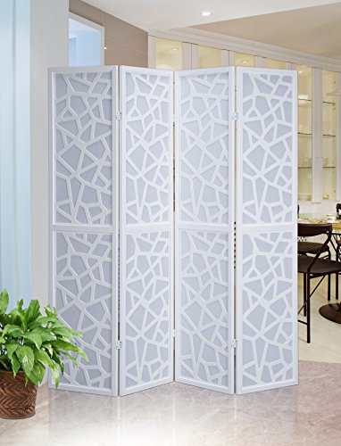 Roundhill Furniture Giyano 4 Panel Screen Room Divider, White - White - Divider