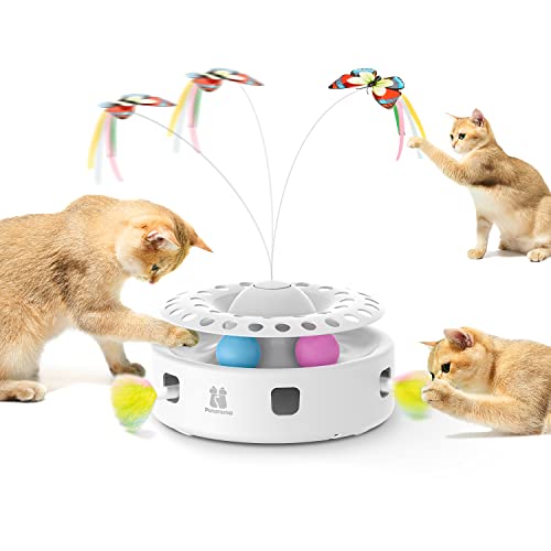 Potaroma Cat Toys 3-in-1 Automatic Interactive Kitten Toy, Fluttering Butterfly, Random Moving Ambush Feather, Track Balls, Dual Power Supplies, USB Powered, Indoor Exercise Cat Kicker (Bright White) - Bright White 3in1 Cat Toy