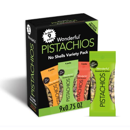 Wonderful Pistachios, No Shells, Variety Pack, 0.75oz (Pack of 9) Roasted & Salted (4), Chili Roasted (3), Honey Roasted (2) - Variety - 0.75 Ounce (Pack of 9)