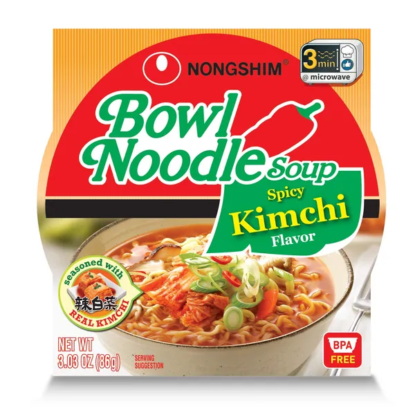 Nongshim Spicy Kimchi Noodle Soup Bowl, 3.03 Ounce (Pack of 12)