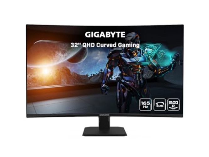 GIGABYTE GS32QC 31.5" 165Hz 1440P Curved Gaming Monitor, 2560x1440 VA 1500R Display, 1ms (MPRT) Response Time, HDR Ready, 1x Display Port 1.4, 2X HDMI 2.0,Black - QHD | 165Hz 1ms | 31.5" | No Height Adj.