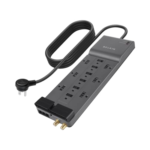 Belkin Power Strip Surge Protector - 12 AC Multiple Outlets & 8 ft Long Flat Plug Heavy Duty Extension Cord for Home, Office, Travel, Computer Desktop, Laptop & Phone Charging Brick (3,940 Joules) - 12 Outlet Strip + Cable & Phone protection