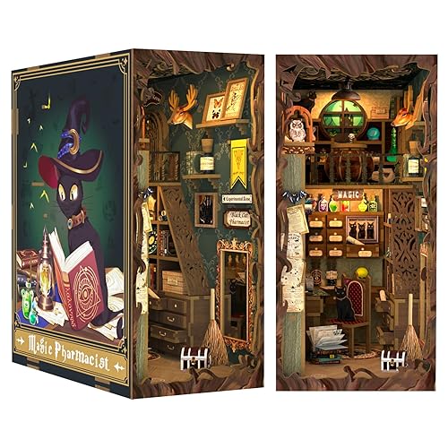 CUTEBEE DIY Book Nook Kit with Dust Proof, Bookshelf Insert DIY Miniature Kit Booknook Bookend Stand Bookcase Model Build Creativity Kit Decor Alley with LED Light (Magic Pharmacist) - Magic Pharmacist