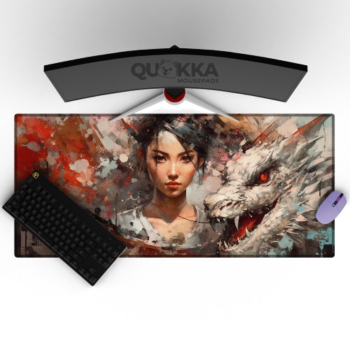 Girl and her White Dragon Oil Painting Design Mousepad Deskmat - 60x30cm / 2mm / Black Stitched