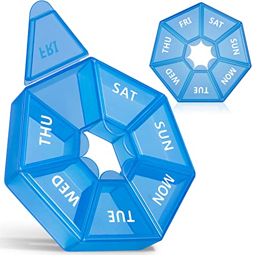 Weekly Pill Organizer, 2 Pack Portable Pill Box Medicine case 6 Colors (Seven Day) New Edition for Vitamin/Fish Oil/Pills/Supplements-Arthritis Friendly (Blue) - Blue