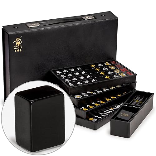 Yellow Mountain Imports Japanese Riichi Mahjong Set - Black Standard Size Tiles and Vinyl Case - with East Wind Tile, Set of Scoring Sticks, & Dice - Standard - Black