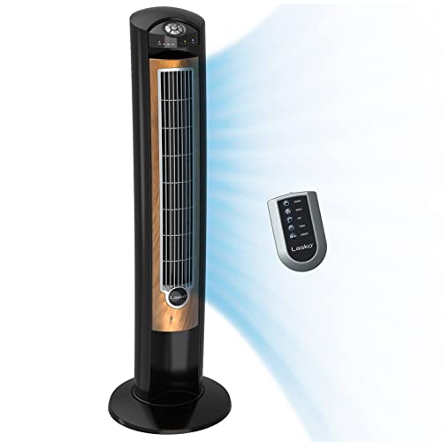 Lasko Oscillating Tower Fan, Remote Control, Ionizer, 3 Speeds, Timer, for Bedroom, Office, Kitchen 42", Black, T42950 - Tower Fan - Black/Woodgrain
