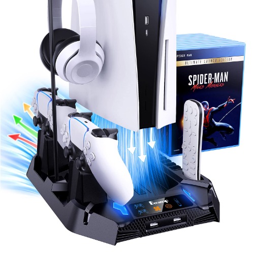 Benazcap [7 in 1] PS5 Console Accessories Stand with Cooling Fan and PS5 Controller Charging Station, PS5 Multifunctional Vertical Stand with Headset Stand and 8 Pcs Game Discs Storage,Black