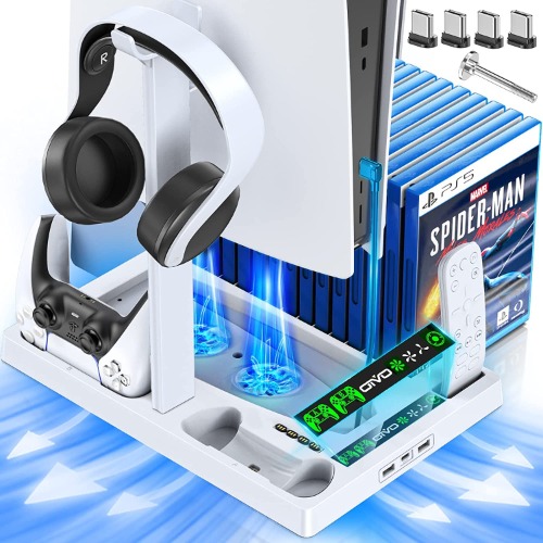 OIVO PS5 Stand with Cooling Fan and Headphone Holder, PS5 Cooling Fan with Dual PS5 Charging Station, PS5 Accessories for PS5 Console with 15 Game Slots