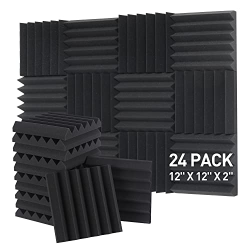 Acoustic Foam Panels - 12 x 12 x 2 Inches Wedges Sound Proof Foam Panels 24 Pack High Density Foam Acoustic Treatment Fire Resistant Studio Foam (Black) - 12 x 12 x 2 Inches - Black - 24 Pack Wedge Panels