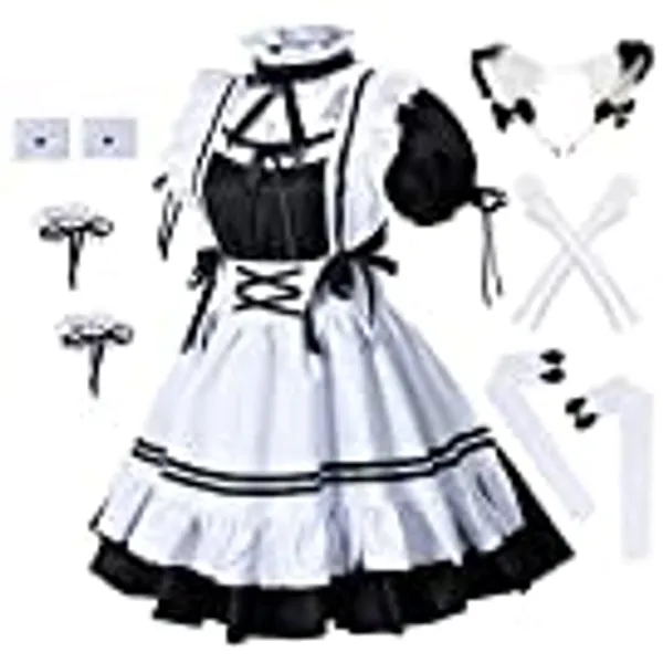 Anime French Maid Apron Lolita Fancy Dress Cosplay Costume Furry Cat Ear Gloves Socks Set