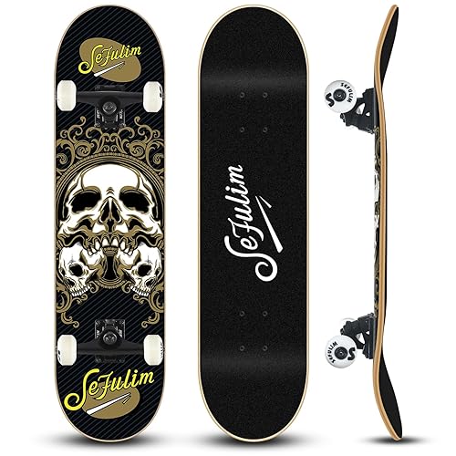 Sefulim 31 x 8 Inch Complete Skateboard 7 Layer Canadian Maple Double Kick Deck Concave Cruiser Trick Skateboard for Boys Girls Teens Adults Beginner - Skull Pattern