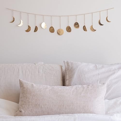 BASE ROOTS Moon Phase Wall Decor, Gold Wall Decor for Bedroom & Living Room, Boho Decor for Home, Handmade Hammered Metal 36" 13 Phases Moon Wall Decor, Bohemian & Celestial Wall Art for Women & Kids - Gold Garland