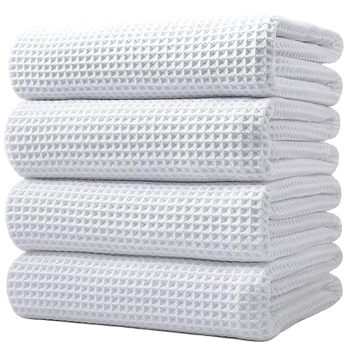 POLYTE Microfiber Oversize Quick Dry Lint Free Bath Towel, 60 x 30 in, 4 Pack (White, Waffle Weave) - White