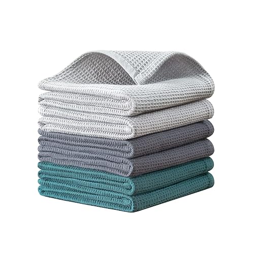 QUILTINA Dish Towels Set,100% Cotton Waffle Weave Kitchen Towels 6 Pack,17 x 25 Inches Dish Towels for Kitchen,Super Absorbent for Drying and Cleaning(Dark Green,Light Grey,Dark Grey) - Dark Green,light Grey,dark Grey - 17x25IN