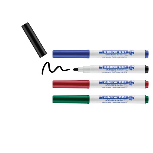 Edding e-661/4 S Set van 4 Bullet Tip Whiteboard Markers 1,5 tot 2 mm Zwart/Rood/Blauw/Groen
