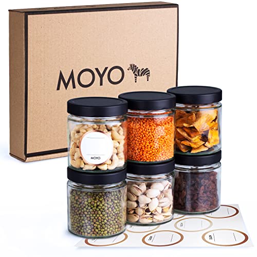 MOYO Vorratsgläser mit Deckel | Vorratsdosen Glas Made in Germany | 6er Set - 410 ml | edle luftdichte Küchen Organizer mit Etiketten zum Beschriften - 6 x 410ml