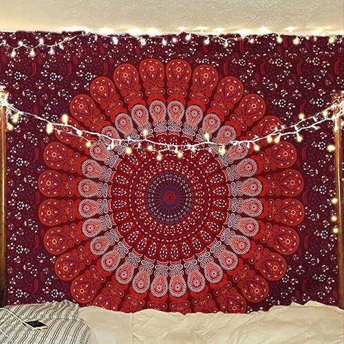 Bless International Handmade Indian hippie Bohemian Psychedelic Peacock Mandala Wall hanging College Dorm Beach Throws Table Cloth Bedding Tapestry (Blue Red, Medium(54x60Inches)(137x152cms)) - Blue Red - 60L" x 54W"