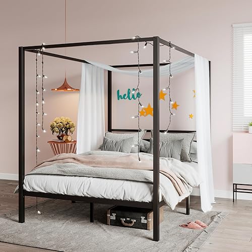 SHA CERLIN Canopy Bed Frame Full Size/Mattress Foundation with Metal Slats Support/No Box Spring Needed/Easy Assembly/Black - Black - Full