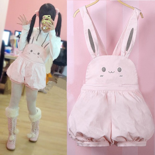 Salopette rose Kawaii pour filles, barboteuse de printemps, lapin mignon, short lanterne, Lolita Palysuits, Kawaii, nœud lapin, combinaison à bretelles