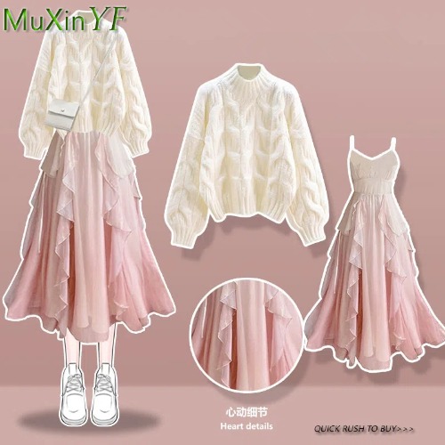 Robe à volants et Camisole en tricot pour femmes, tenue gracieuse et longue, ensemble pull-over, collection printemps 2023