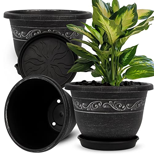 QCQHDU Plant Pots, 3 Packs 12 inch Planters with Drainage Hole Saucer, Plastic Flower Pots for Indoor Plants Retro Decorative for Outdoor Garden Container Sets(Silver-12 inch) - Silver - 30.5CM