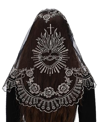 Bozidol Church Veil Triangular Mantilla - Cross Chalice Embroidered Vintage Catholic Mass Veil for Women - Black Gold 6