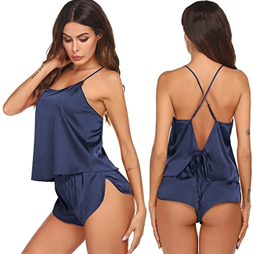 Ekouaer Silk Pajamas Set for Women Satin Backless Lingerie Pjs Cami Top and Shorts Nightwear - Navy Blue - Medium