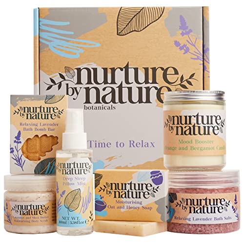 Nurture by Nature RELAX & CALM Spa Kit - Mothers Day Gift - Spa Gift Baskets For Women, Complete Bath Sets for Women Gift - Lavender Pillow Mist, Bath Salts, Bath Bomb - Self Care Gift Basket