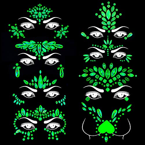 Meredmore 8Sets Glow in the Dark Face Gems Jewels Rave Noctilucent blacklight UV Body Stickers Luminous tattoos mermaid accessories pasties makeup for Women Halloween Festival - pattern5
