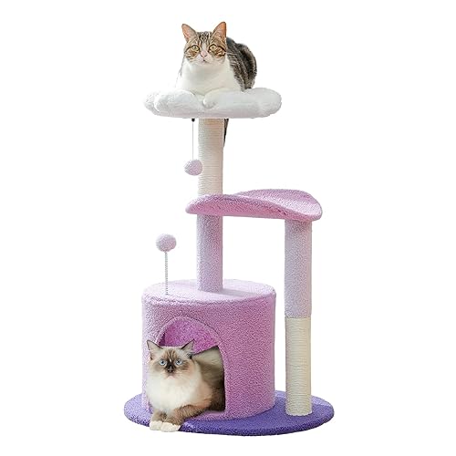 PETEPELA Small Cat Tree 84cm Modern Scratching Post for Small to Medium Size Cats Cat Tree with Plush Cave Bobble Ball Sisal Rope Scratching Post Purple - Purple